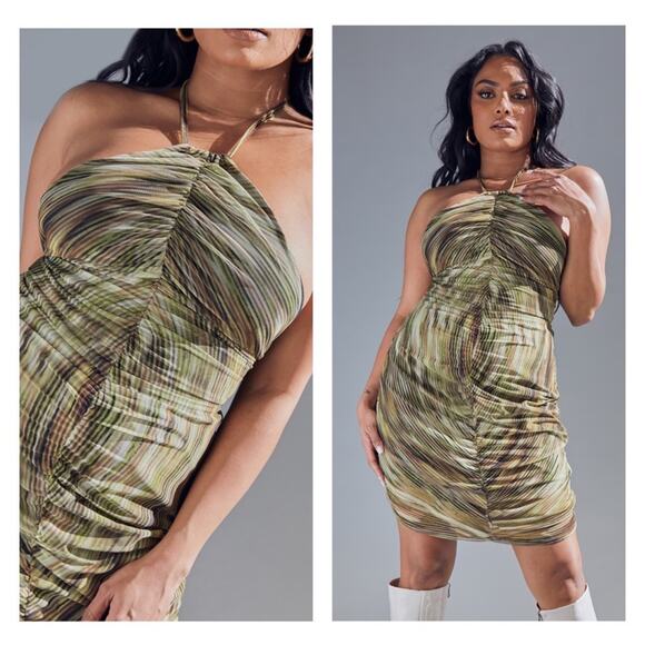 PrettyLittleThing Khaki Printed Halterneck Ruched Front Mesh Bodycon Dress 16 - Picture 9 of 9